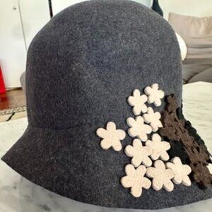 Charcoal Wool Felt Cloche Hat with Floral Accents